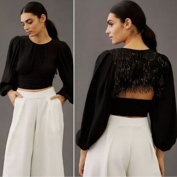 Anthropologie Tops - Anthropologie NWT Current Air Black Sequin Back Blouson Sleeve Top SZ Large Glam